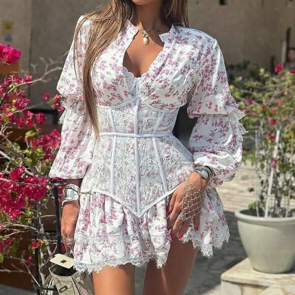 Pink Boho Women's Sweet Floral Lace Dress - Picture 3 of 9